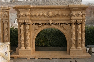 Beige Marble Fireplace Hearth / Sculptured Handcarved Fireplace Mantel /Masonry Heaters