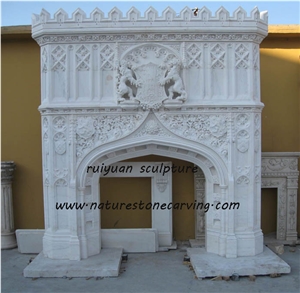 Beige Marble Fireplace Hearth / Sculptured Handcarved Fireplace Mantel /Masonry Heaters