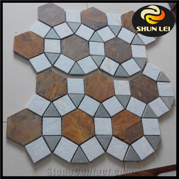 Chinese Mix Color Slate Natural Decorative Stone Mosaic Floor Pattern Medallion Floor Tiles