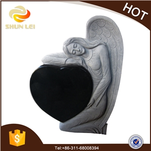 Polished Shanxi Black Granite Angel Headstone, Heart Tombstones