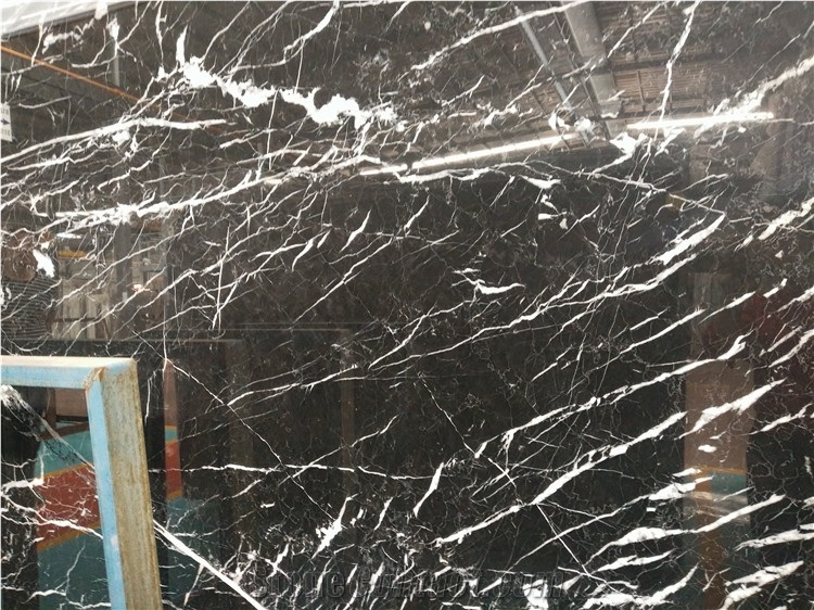 China Black Marble with More White Veins, Nero Marquina Marble Slab, Good Polishing, Clear and Bright Black Base
