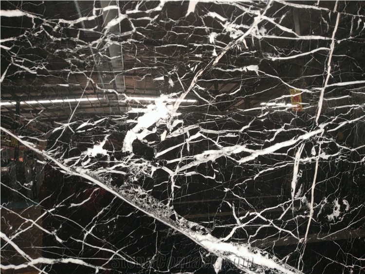 China Black Marble with More White Veins, Nero Marquina Marble Slab, Good Polishing, Clear and Bright Black Base