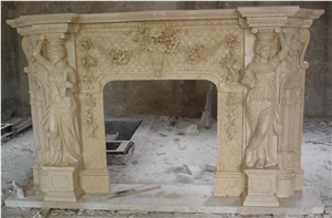 Beige Marble Flower Handcarved Fireplace Mantel,Fireplace Hearth