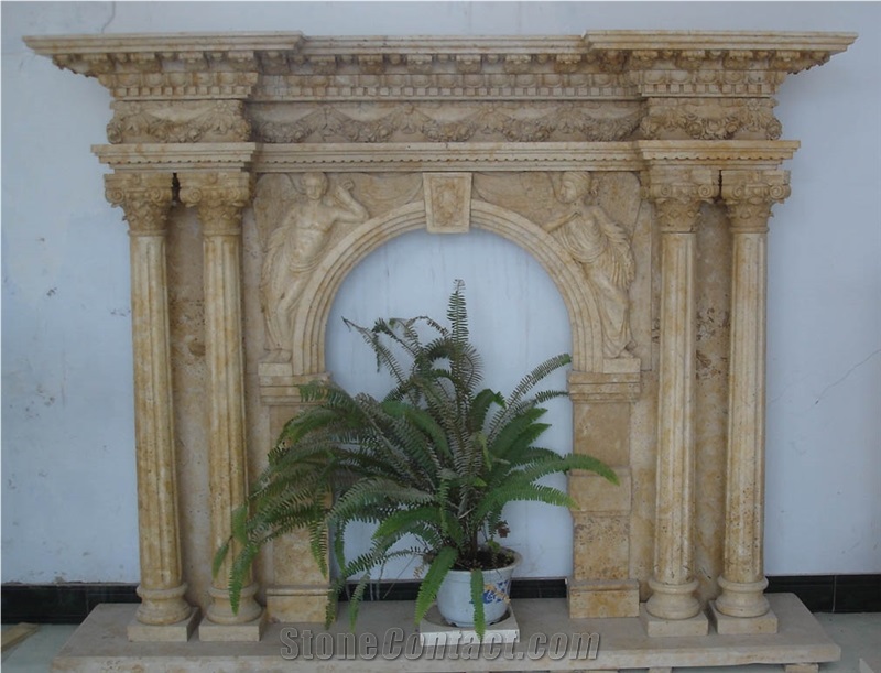 Handcarved Fireplace Hearth,Beige Marble Fireplace Mantel