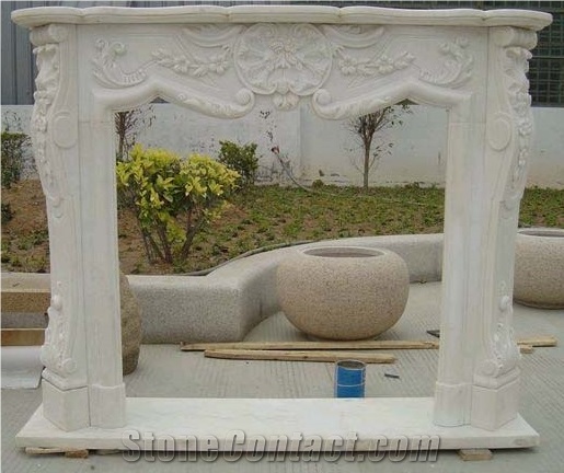 Natural Marble Fireplace, White Marble Sculptured Fireplace
