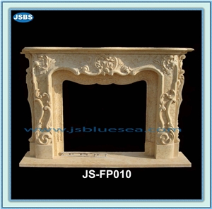 Custom Hand Carved Beige Marble Fireplace