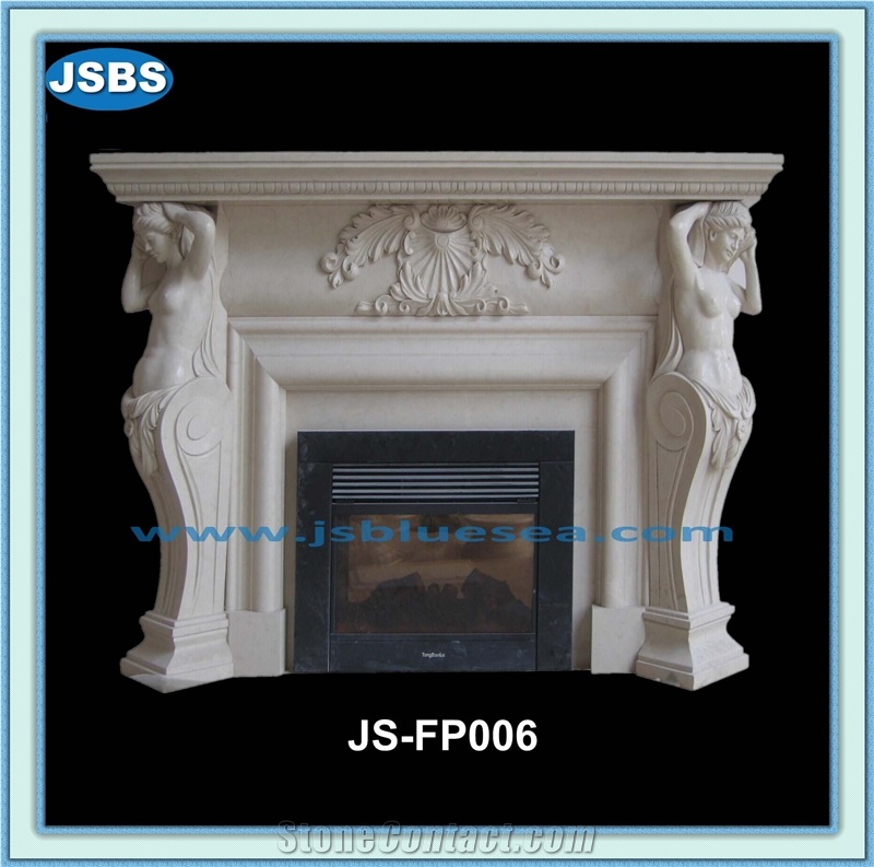 Marble Fireplace Mantels and Surrounds, China Absolute White Marble Sculptured Fireplace