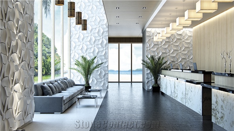 Artificial Stone White 3d Flower Shaped Hotel Lobby Design Wall Reliefs, Laser Engravings