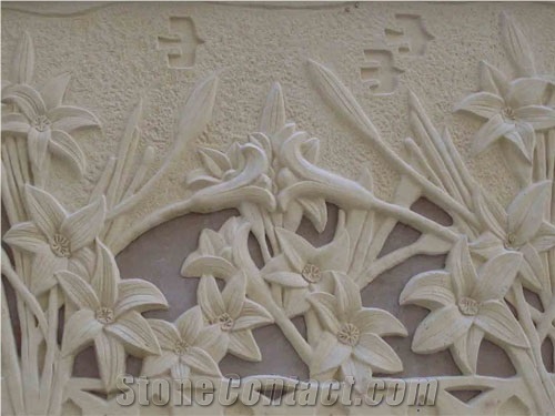 Beige Limestone Flower Sculpture Hand Engraving Ideas 3d Walling Relief Panel,Etchings