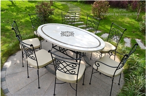 Beige Limestone Medallion Tabletops Outside Garden Stone Table Sets& Bench, Exterior Furniture Shape Size Customized
