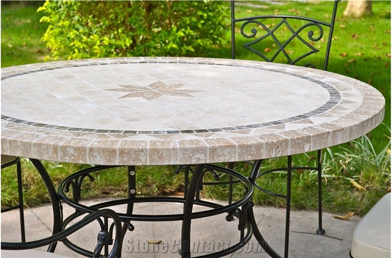 Beige Limestone Medallion Tabletops Outside Garden Stone Table Sets& Bench, Exterior Furniture Shape Size Customized