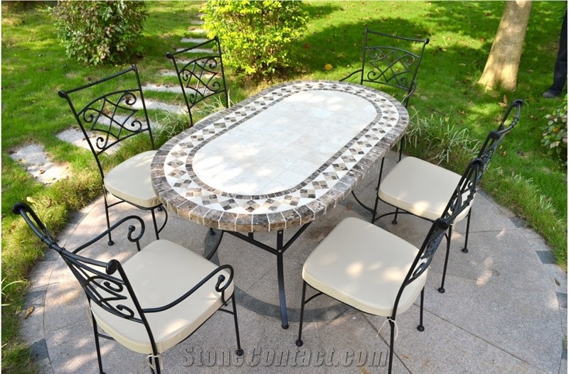 Beige Limestone Mosaic Medallion Tabletops for Garden Exterior Customzied Exterior Furniture