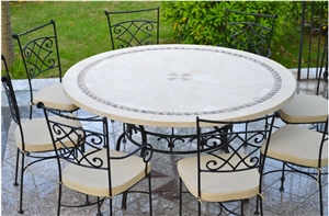 Beige Limestone Mosaic Medallion Tabletops for Garden Exterior Customzied Exterior Furniture