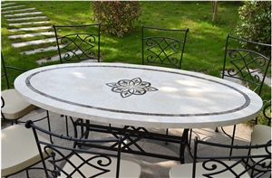 Beige Limestone Mosaic Round Shaped Tabletops,Botticino Classic Coral Stone Table & Bench Street Exterior Furniture