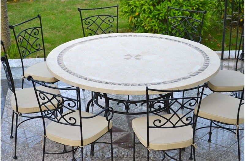 Beige Limestone Mosaic Round Shaped Tabletops,Botticino Classic Coral Stone Table & Bench Street Exterior Furniture