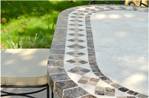 Beige Limestone Mosaic Shaped Tabletops,Botticino Classic Coral Stone Table & Bench Street Exterior Furniture