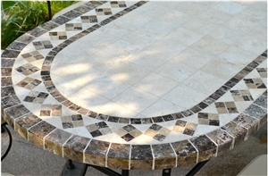 Beige Limestone Mosaic Shaped Tabletops,Botticino Classic Coral Stone Table & Bench Street Exterior Furniture