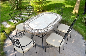 Beige Limestone Mosaic Square Tabletops,Botticino Classic Coral Stone Table Street Exterior Furniture