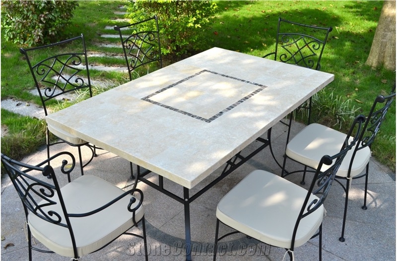 Beige Limestone Mosaic Square Tabletops,Botticino Classic Coral Stone Table Street Exterior Furniture