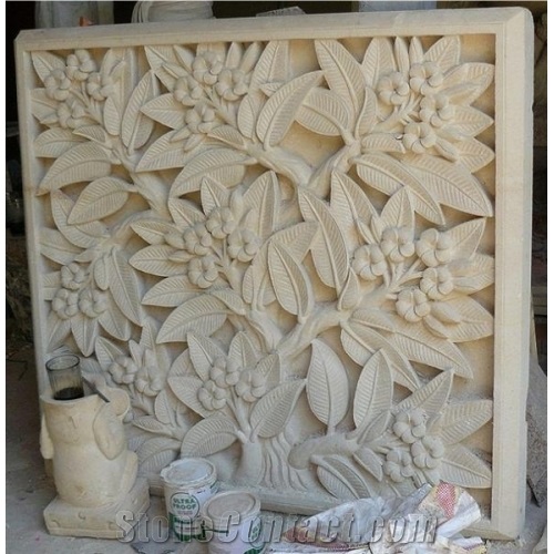 Beige Sandstone Tree Planters Shaped Engraving Ideas for Exterior Walling Panels