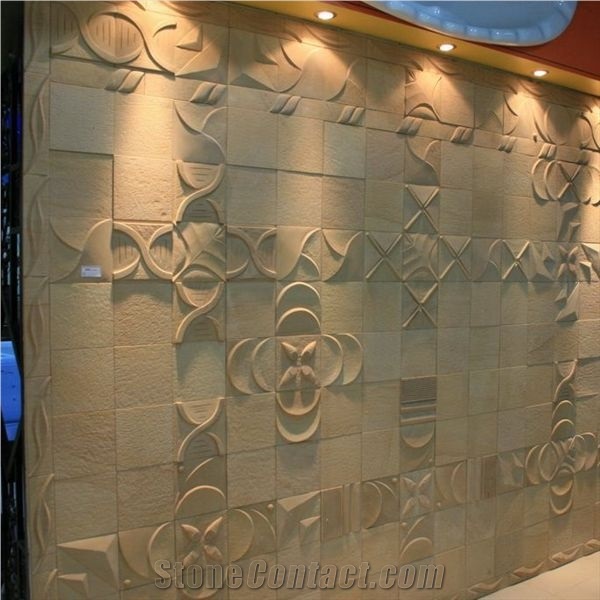 Beige Sandstone Wall Relief Hand Engraving 3d Walling