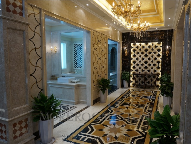 Dark Beige and Black Marble Flower Pattern Design Composite Marble Tile for Hotel