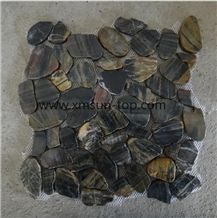 Black and Brown Pebble Mosaic with Double Surface Cutted/Natural River Stone Mosaic Wall Tile/Split Face Pebble Floor Tiles/Pebble Mosaic in Mesh/Pebble Mosaic for Bathroom&Kitchen/Interior Decoration