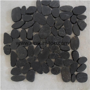 Black Pebble Mosaic with Double Surface Cutted/Natural River Stone Mosaic Wall Tile/Split Face Pebble Floor Tiles/Pebble Mosaic in Mesh/Pebble Mosaic for Bathroom&Kitchen/Interior Decoration