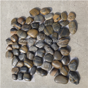 China Grey&Yellow Pebble Stone Tiles, Polished Riverstones, Washed River Stone, Grey Pebble Mosaic Tiles for Wall&Flooring Covering, Interior and Exterior Decoration, Pebble Tile with Line Surface