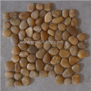 China Yellow Riverstone Tiles, Polished Golden Yellow Pebble Stone, Honey Yellow Pebble Mosaic Tiles, Pebble Stone Wall&Flooring Covering, Pebble Tile for Garden&Landscaping