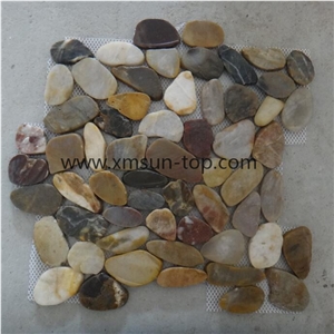 Multicolor Pebble Mosaic with Double Surface Cutted/Natural River Stone Mosaic Wall Tiles/Split Face Pebble Floor Tiles/Pebble Mosaic in Mesh/Pebble Mosaic for Bathroom&Kitchen/Interior Decoration