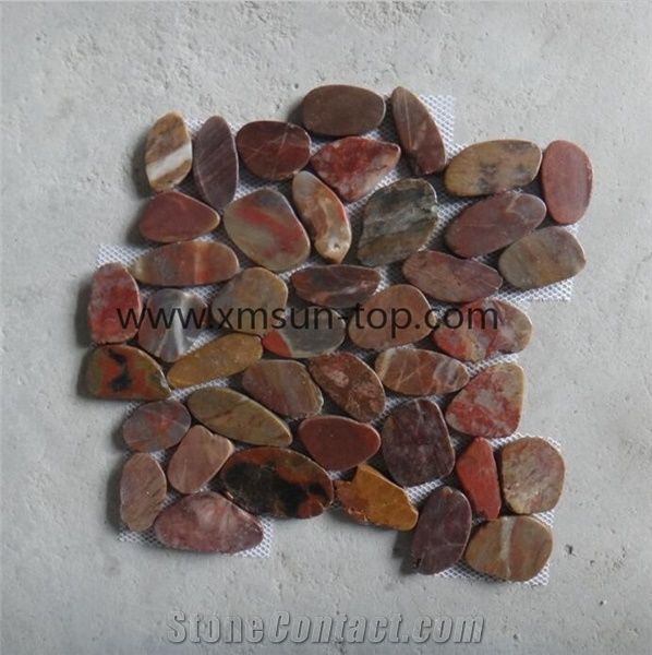 Red and Brown Pebble Mosaic with Double Surface Cutted/Natural River Stone Mosaic Wall Tile/Split Face Pebble Floor Tiles/Pebble Mosaic in Mesh/Pebble Mosaic for Bathroom&Kitchen/Interior Decoration