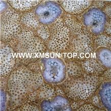 Yellow&Purple Semiprecious Stone with Coral Patterns/Luxury Semi-Precious Stone Slab&Tile&Customized/Semi Precious Stone Slab for Wall Cladding&Flooring/Semi-Precious Stone Panel/Interior Decoration