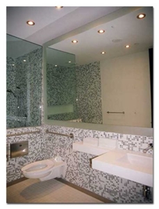 Glass Mosaic Wall Cladding with Porcelain Tile Flooring