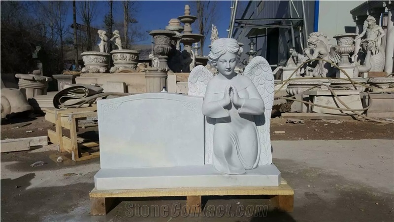Hand Carving Western Style White Marble Stone Angel Tombstone Monuments