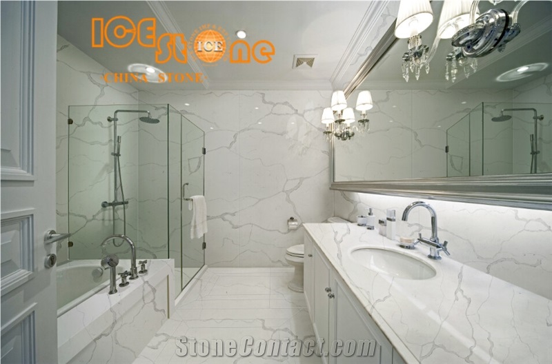 Calacatta Marble Look Quartz Stone Solid Surfaces Polished Slabs Tiles Engineered Stone Artificial Stone Slabs for Hotel Kitchen, Bathroom Backsplash Walling Panel Customized Edge