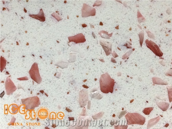 High Polished White Quartz with Red Flower Glass Chips, Solid Surface Stone