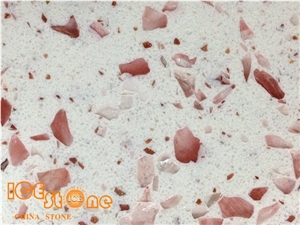 High Polished White Quartz with Red Flower Glass Chips, Solid Surface Stone