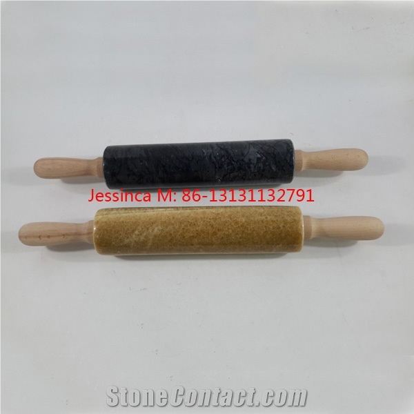 Black Granite Stone Rolling Pins with Wooden Handle and Wooden Base