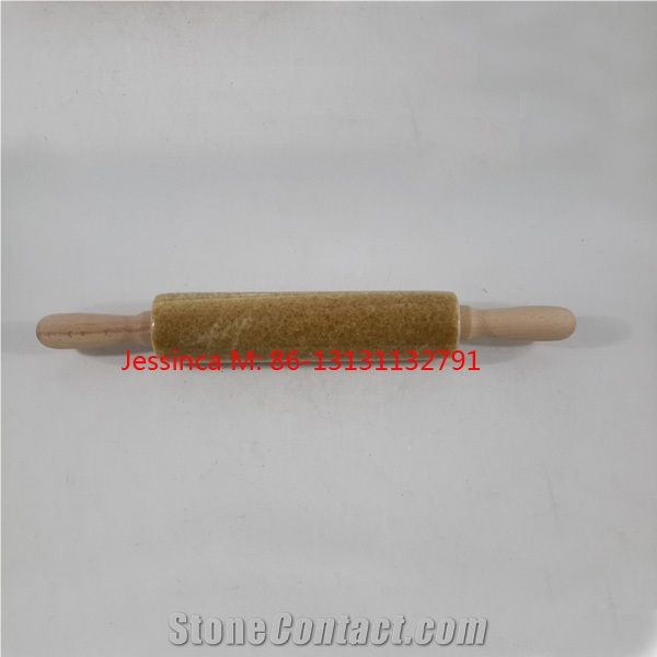 Topza Rolling Pin with Wooden Handle and Wooden Base /Yellow Marble Rolling Pins