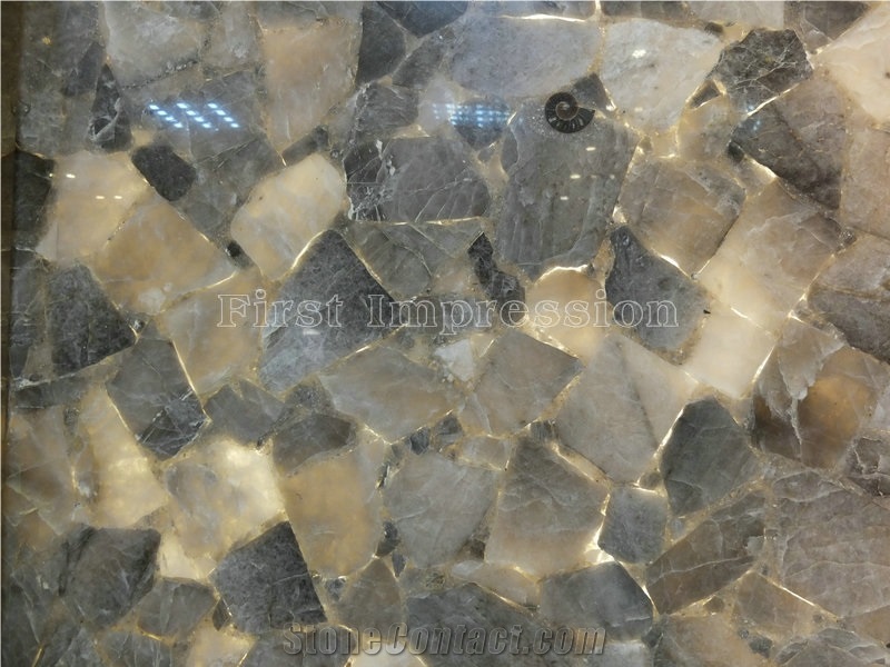 Grey Crystal Semi Precious Stone Wall/ Grey Quartz Tiles Gemstone /Grey Quartz Backlit Slab Presious Stone/Grey Smoking Crystal Gemstone