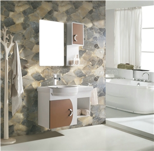 Grey Qurtz Tiles Gemstone Bathroom Design /Grey Quartz Backlit Presious Stone Wall /Grey Smoking Crystal Gemstone Bathroom Decoration