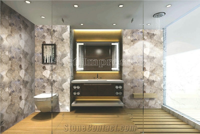 Grey Qurtz Tiles Gemstone Bathroom Design /Grey Quartz Backlit Presious Stone Wall /Grey Smoking Crystal Gemstone Bathroom Decoration