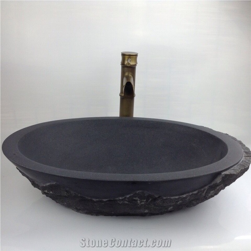Mongolia Black Basalt Stone from China Handed Rough Honed Matt Bathroom Sinks Wash Bowls Oval Basins Sinks