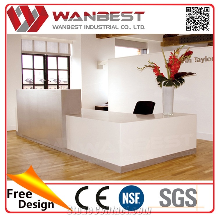 Company Office Front Desk White Solid Surface Reception Counter with Mental Decoration