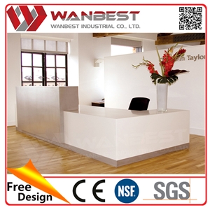 Company Office Front Desk White Solid Surface Reception Counter with Mental Decoration