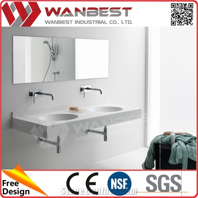 Luxury Wall Mounted White Atificial Marble Double Sink with Mirrors from China