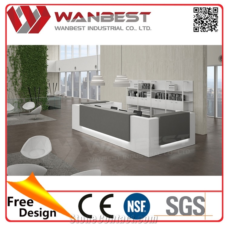 Modern Solid Surface Office Furniture Front Reception Desk with Customized Logo