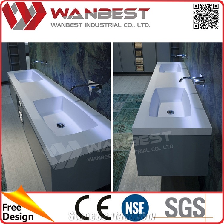 Modern Wall Mounted White Atificial Marble Double Sink with Waterproof Cabinets