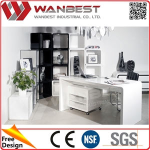 Modern White High Gloss Executive Office Desk with Movable Cabinets